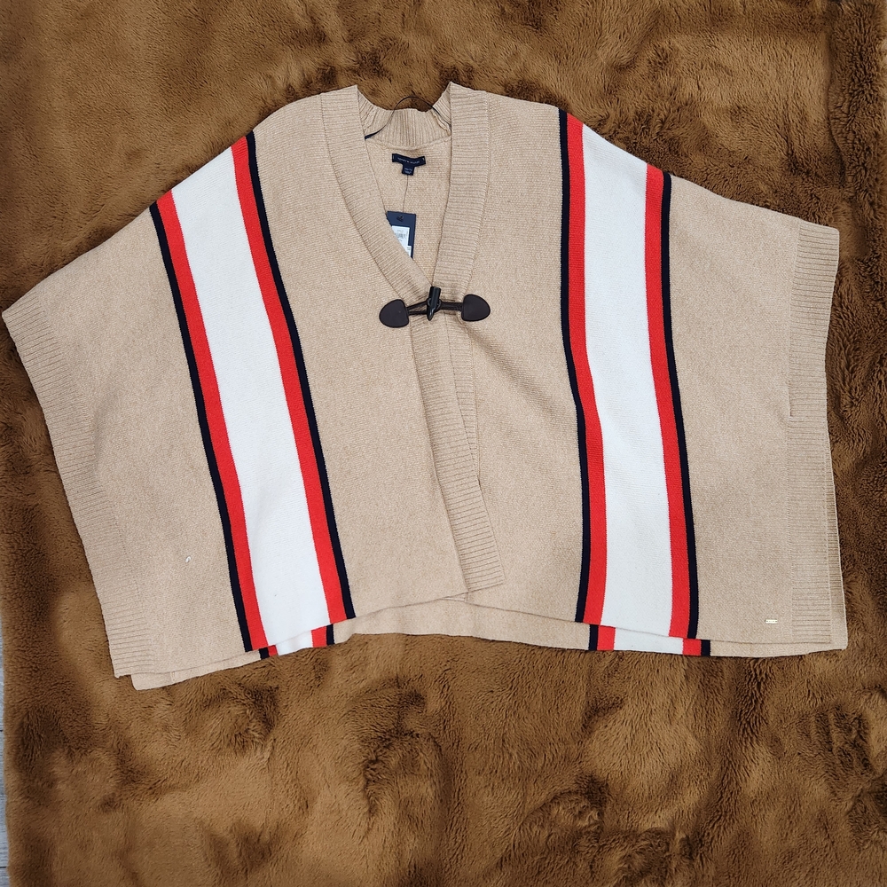 🆕️ Tommy Hilfiger, Tan Striped Poncho with Toggle Closure